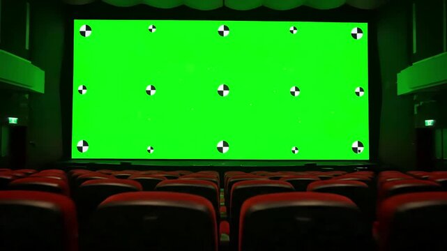 Green Screen beautiful wide in cinema hall moving through over the seats 3d animation with lights and tracking points art technology concept 4k ultra hd 3840x2160 scene 3 distortion, overlay, glitch