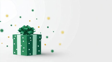 Green Gift Box with Bow and Confetti on White Background