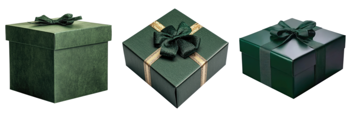 Three beautifully crafted gift boxes, each elegantly adorned with ribbons and bows. The boxes are in a range of greens, with a different shape.