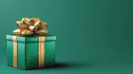 Green Gift Box with Gold Bow and Glitter on Green Background