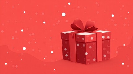 Red Gift Box on Snowy Red Background Winter Holiday Gift