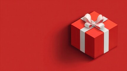 Red Gift Box with White Ribbon on Red Background