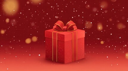 Red Gift Box with Gold Ribbon on Red Sparkling Background