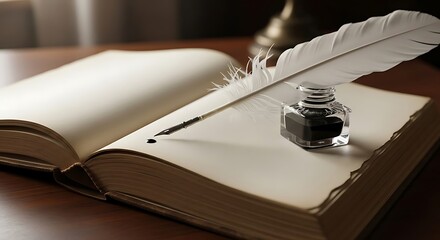 A vintage quill pen rests on an open, blank book, ready to write stories and dreams with ink