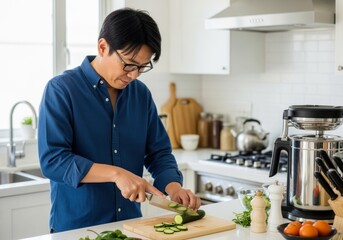 A young Asian man with black hair and glasses slices a cucumber in a modern kitchen. Fresh vegetables and kitchen appliances are visible.