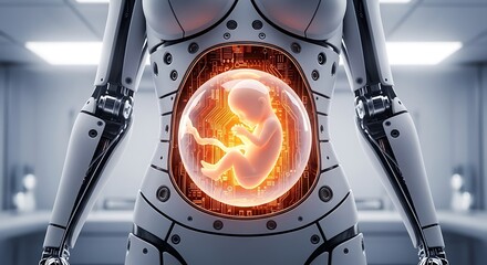 Robotic torso containing glowing fetus android artificial womb