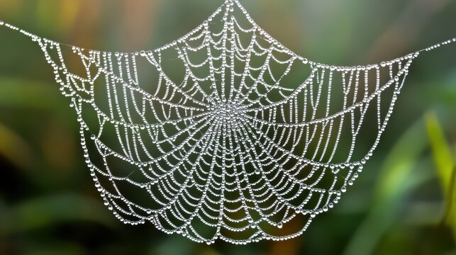 Detailed spiderweb with dewdrop droplets in natural environment
