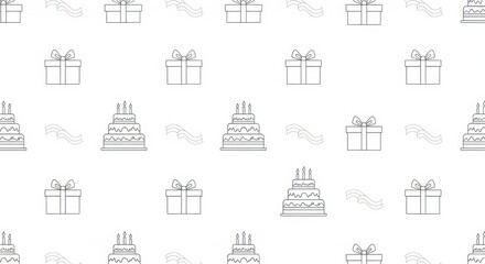 Minimalist birthday pattern, simple line icons of gifts, cakes, and ribbons, clean white background