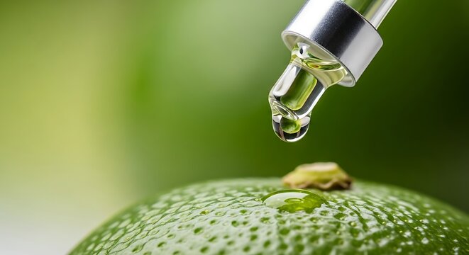 Close-up of a dropper dispensing liquid onto a green, textured surface, possibly a lime, with a blurred green background.