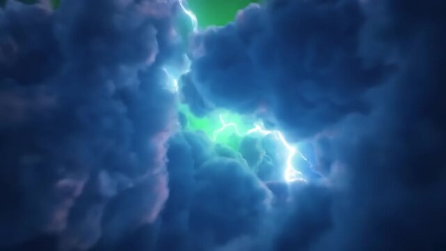 Green Screen fly into the cloud effect of flying multi layered clouds scene 3 with distortion, overlay, glitch, static noise, scan lines on black background, 4k animated video loop