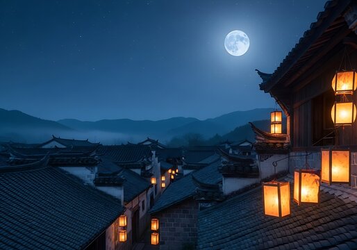 A tranquil ancient Asian village illuminated by glowing paper lanterns under a bright full moon.