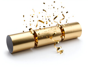 Golden Christmas cracker exploding with confetti against a clean white background