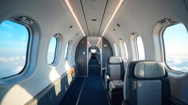 Experience luxury aviation with a pristine private jet interior, offering premium travel and sky-high views for discerning passengers