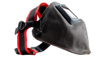 Side view of welding mask showing adjustable straps background isolated on a Transparent background, PNG file.
