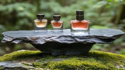 Elegant perfume bottles displayed on natural stone surface outdoors