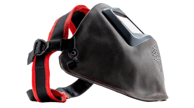 Side view of welding mask showing adjustable straps background isolated on a Transparent background, PNG file.