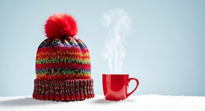 Colorful knitted hat and steaming red mug winter beanie - Powered by Adobe