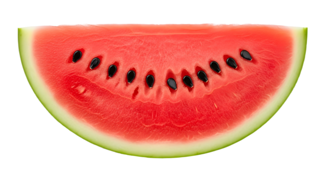 A close up of a watermelon slice with black seeds on transparent background