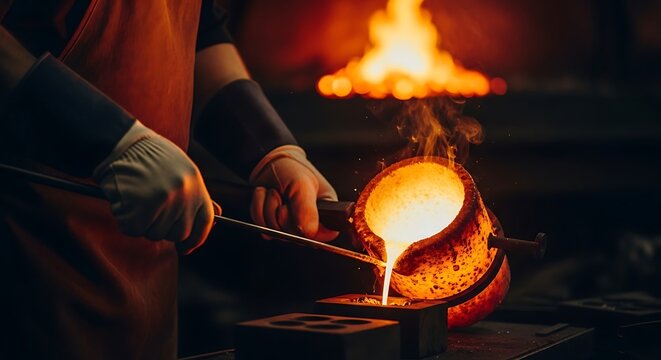 Molten metal pouring into mold foundry metal casting - Powered by Adobe