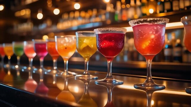 Party and celebration concept: A long row of colorful cocktails or shooters in stemmed glasses on a bar.