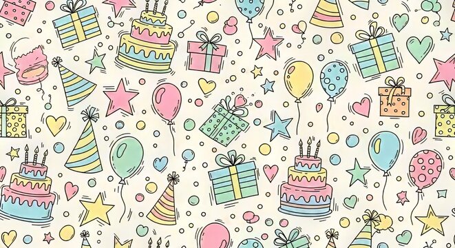 Playful doodle birthday pattern, hand-drawn icons like hats, cakes, and hearts - Powered by Adobe