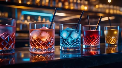 Upscale nightlife and celebration concept. A long row of assorted colorful cocktails in crystal glasses on a sleek bar counter.