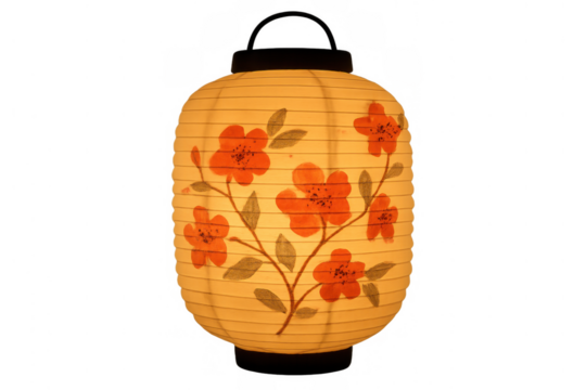 Japanese chōchin paper lantern with floral pattern, traditional asian cultural light object decor, transparent background