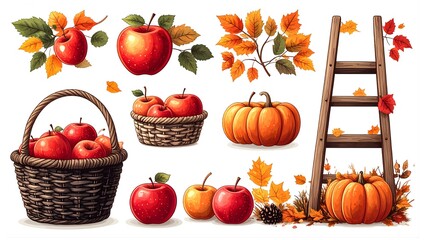 A vibrant autumn-themed illustration featuring apples, pumpkins, leaves, and a wooden ladder.