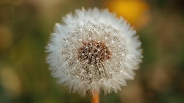 Close up of a fluffy dandelion seed head in soft focus with blurred background