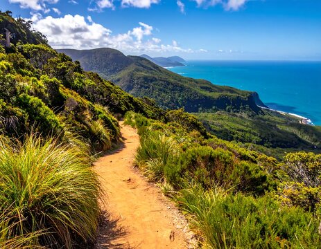 A scenic coastal path winding along a verdant mountainside