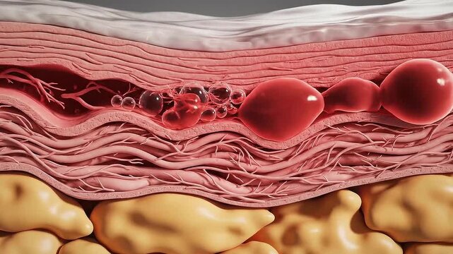 Medical Cross Section of Human Skin Showing Biological Layers with Fatty Tissue and Capillaries in Red Color