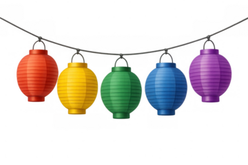 Group of vibrant paper lanterns hanging on a string, creating a festive and celebratory atmosphere, transparent background
