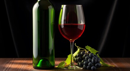 Fototapeta premium A bottle of red wine with a glass and grapes on a wooden table