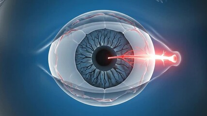 Medical Illustration: Laser Eye Surgery Process on a Human Eye with Detailed Anatomy and Blue Background - Powered by Adobe