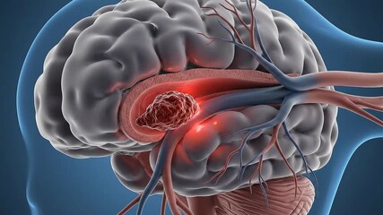 Medical Illustration Of A Brain With Highlighted Area Showing Neurological Condition In Blue Background