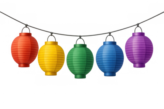 Group of vibrant paper lanterns hanging on a string, creating a festive and celebratory atmosphere, transparent background