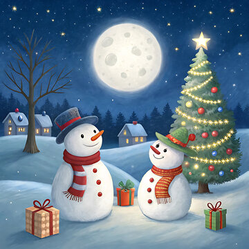Two cheerful snowmen celebrate christmas eve under a full moon