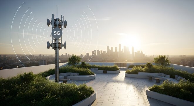 Modern 5G Cell Tower on Rooftop Garden with City Skyline at Sunset. - Powered by Adobe