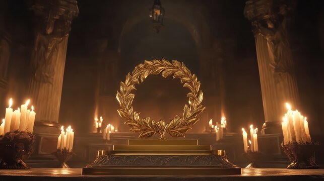 Golden Laurel Wreath Displayed on a Stage with Candlelight - Powered by Adobe