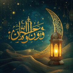 Ramadan kareem crescent moon lantern and arabic calligraphy on starry night sky