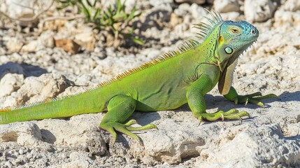 Fototapeta premium Green Iguana Resting On Rocks With Bright Green Scales
