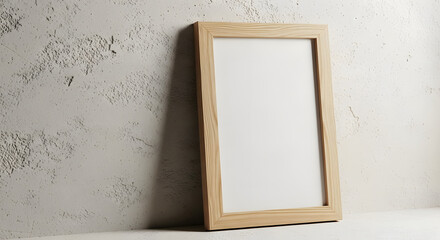 Minimalist empty wooden picture frame with white mat, leaning on textured concrete wall. Ideal blank canvas for art, photography, design, or mockup display in a modern interior