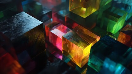 Abstract closeup of colorful translucent cubes with water droplets, illuminated by dramatic lighting, creating a vibrant and textured background