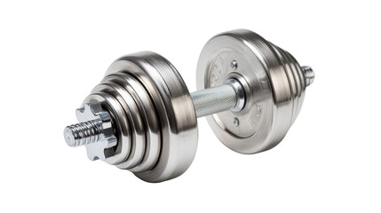 Single adjustable dumbbell with metal plates arranged neatly isolated on a Transparent background, PNG file.