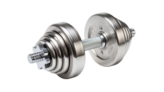 Single adjustable dumbbell with metal plates arranged neatly isolated on a Transparent background, PNG file. - Powered by Adobe