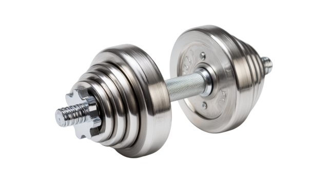Single adjustable dumbbell with metal plates arranged neatly isolated on a Transparent background, PNG file. - Powered by Adobe