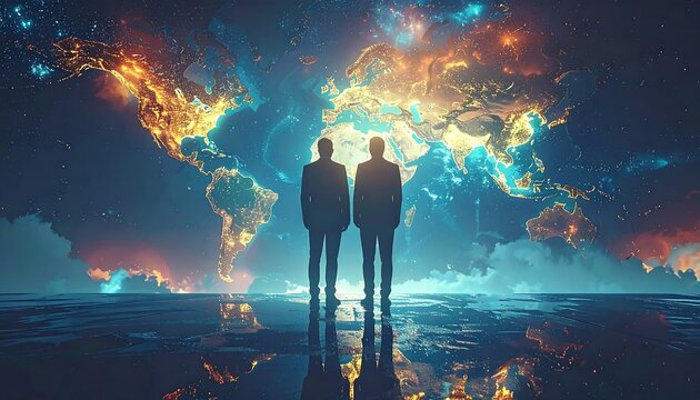 Two business people stand before a world map in a dreamlike setting - Powered by Adobe
