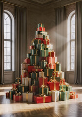 Towering Christmas Gift Stack Shaped Like A Tree
