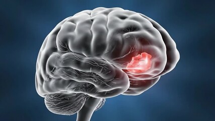 Medical Illustration of Human Brain with Highlighted Tumor Area, Anatomical Model against Dark Blue Background