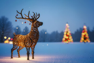 Glowing Christmas Reindeer Wire Sculpture In Snow